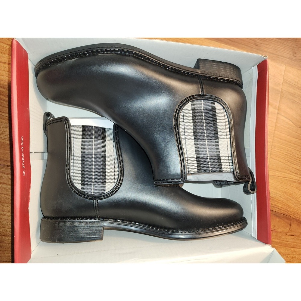 Henry Ferrera Rain Boots Womens Size 7 Black Marsala Plaid Chelsea Matte Ankle